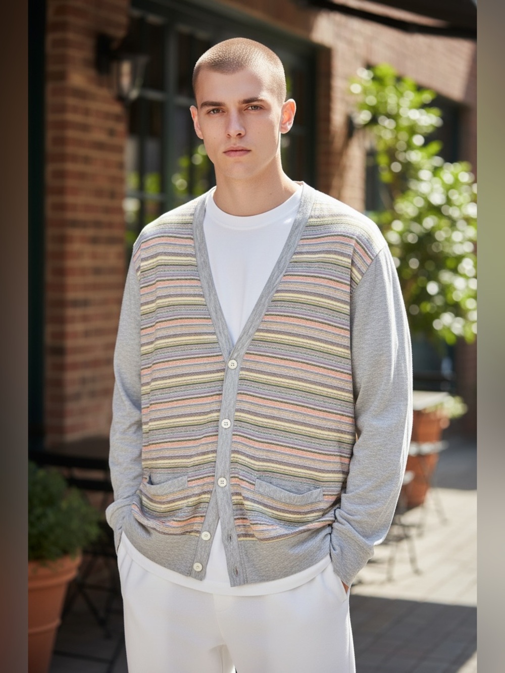Lanvin Light Gray Pastel Stripe Men's Cardigan